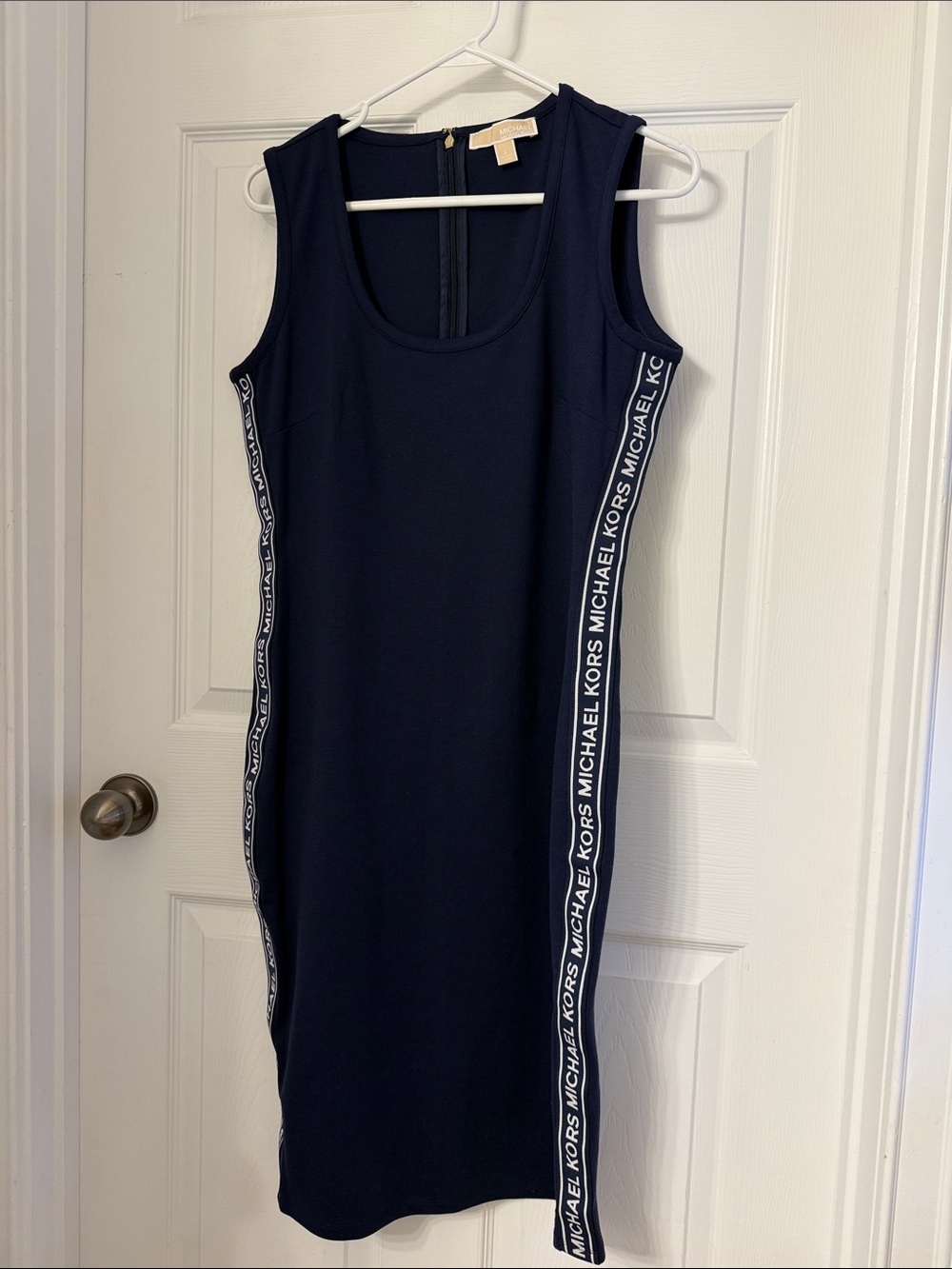 Michael Kors, Large, Navy, Sleeveless MK Logo-Trim Tape Dress